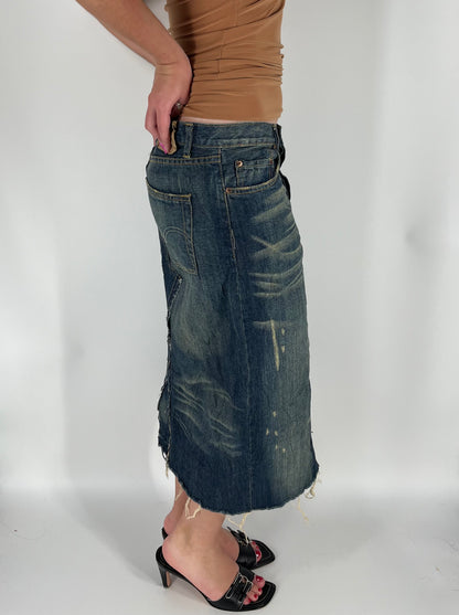 Distressed Denim Levi’s Skirt With Fading and Reworked Accents