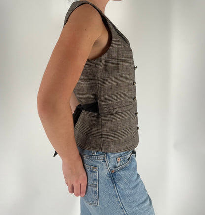 Plaid Vest With Collar, Gold Buttons and Waist Cinch Detail