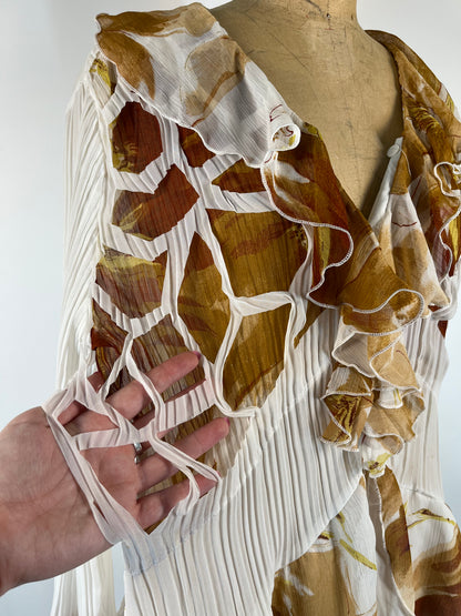 Sheer Ruffle Button Up With Floral Print and Unique Cutouts