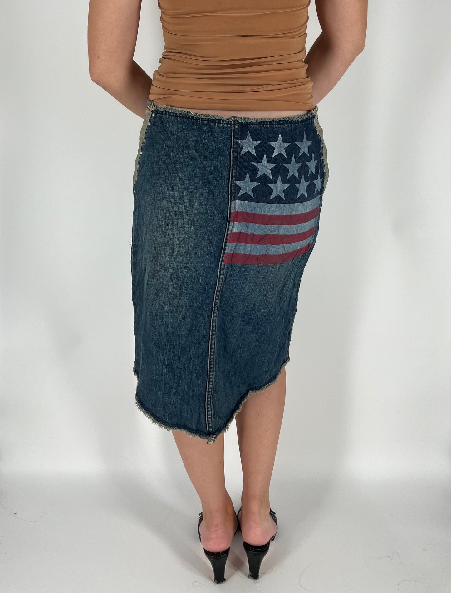 Stars and Stripes Midi Skirt With Two-Toned Faded Denim and Stud Accents