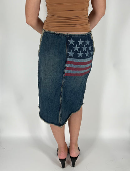 Stars and Stripes Midi Skirt With Two-Toned Faded Denim and Stud Accents