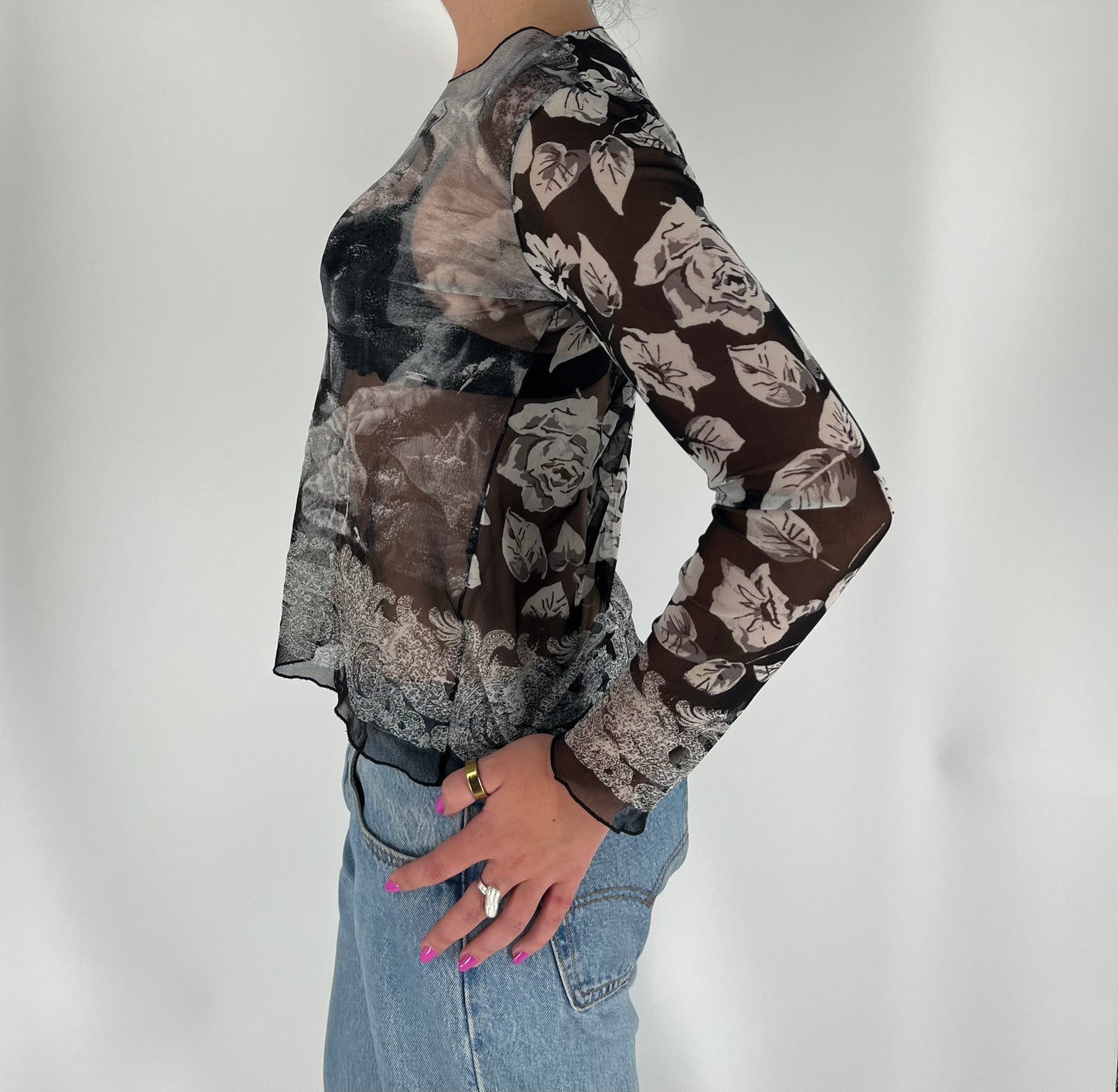 Made in France Mesh Long Sleeve Top With Renaissance and Floral Prints