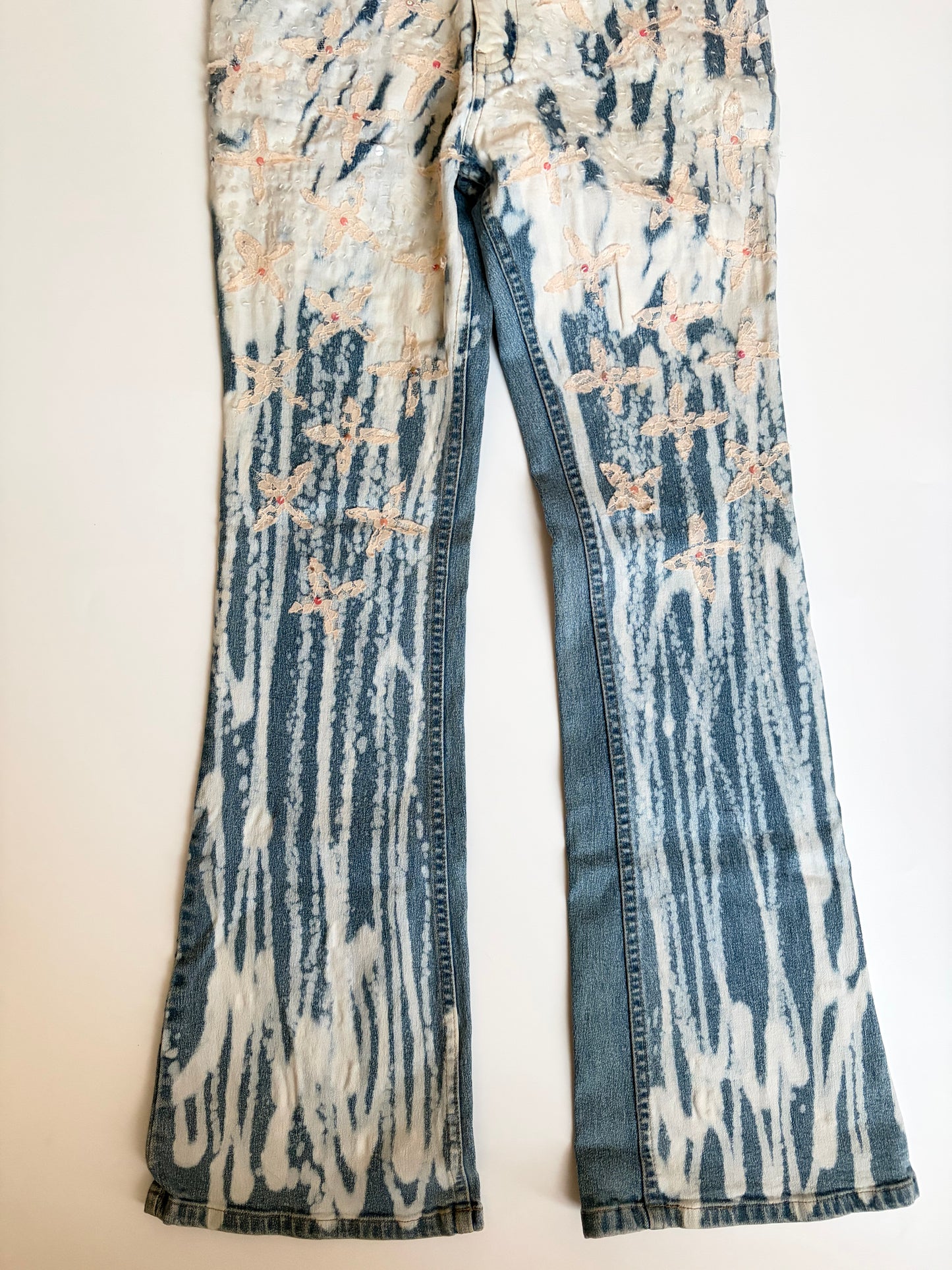 Euro Bleached Jeans with Sequins and Lace Appliques