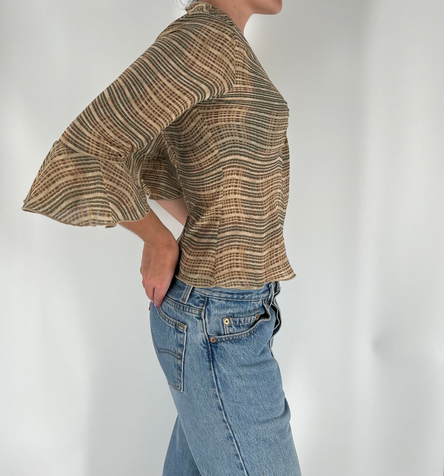 Y2K Mesh 3/4 Sleeve Top With Ruffle Sleeves