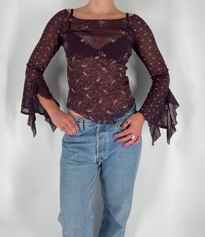 Mesh Paisley Print Top With Long Ruffle Sleeves