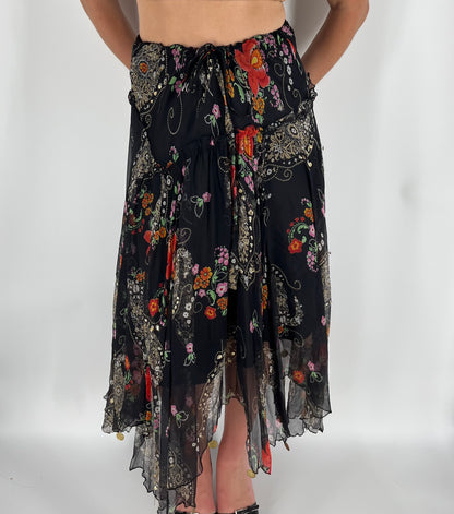 Sheer Flowy Floral Skirt With Handkerchief Hem & Coin Accents