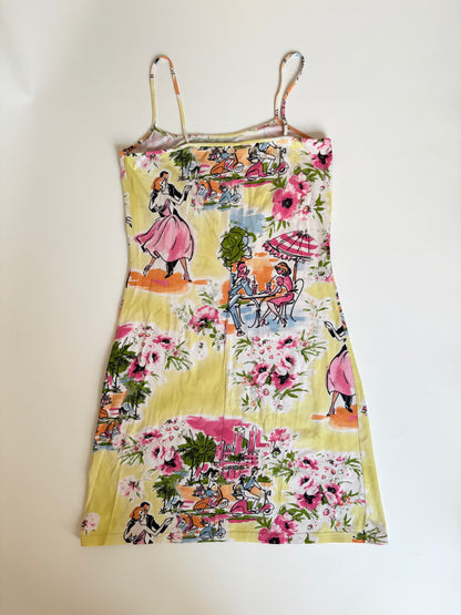 Picturesque Mini Dress with Flowers and Illustrations