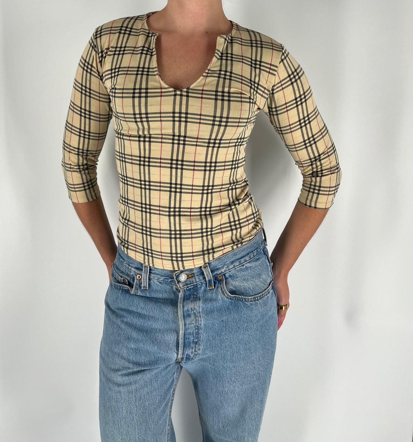 Burberry Inspired Plaid 3/4 Sleeve Top