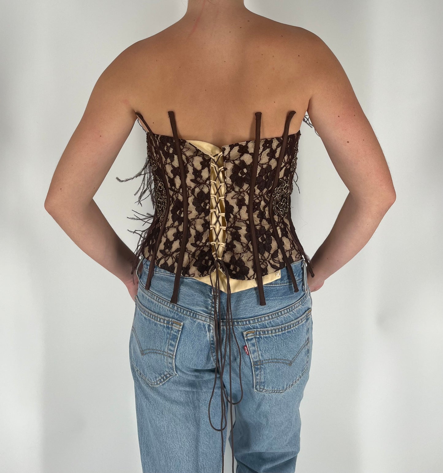 One-of-a-Kind Corset With Lace, Feathers, Exposed Boning and Beaded Appliqués