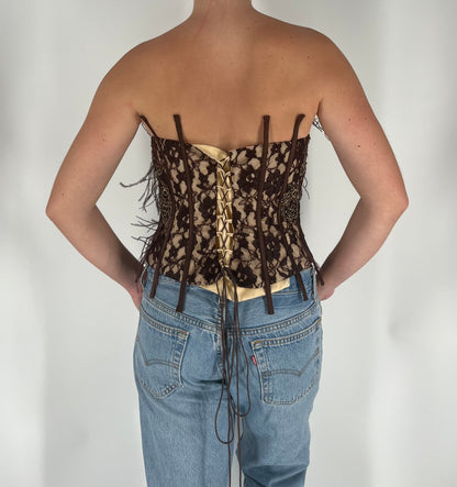 One-of-a-Kind Corset With Lace, Feathers, Exposed Boning and Beaded Appliqués