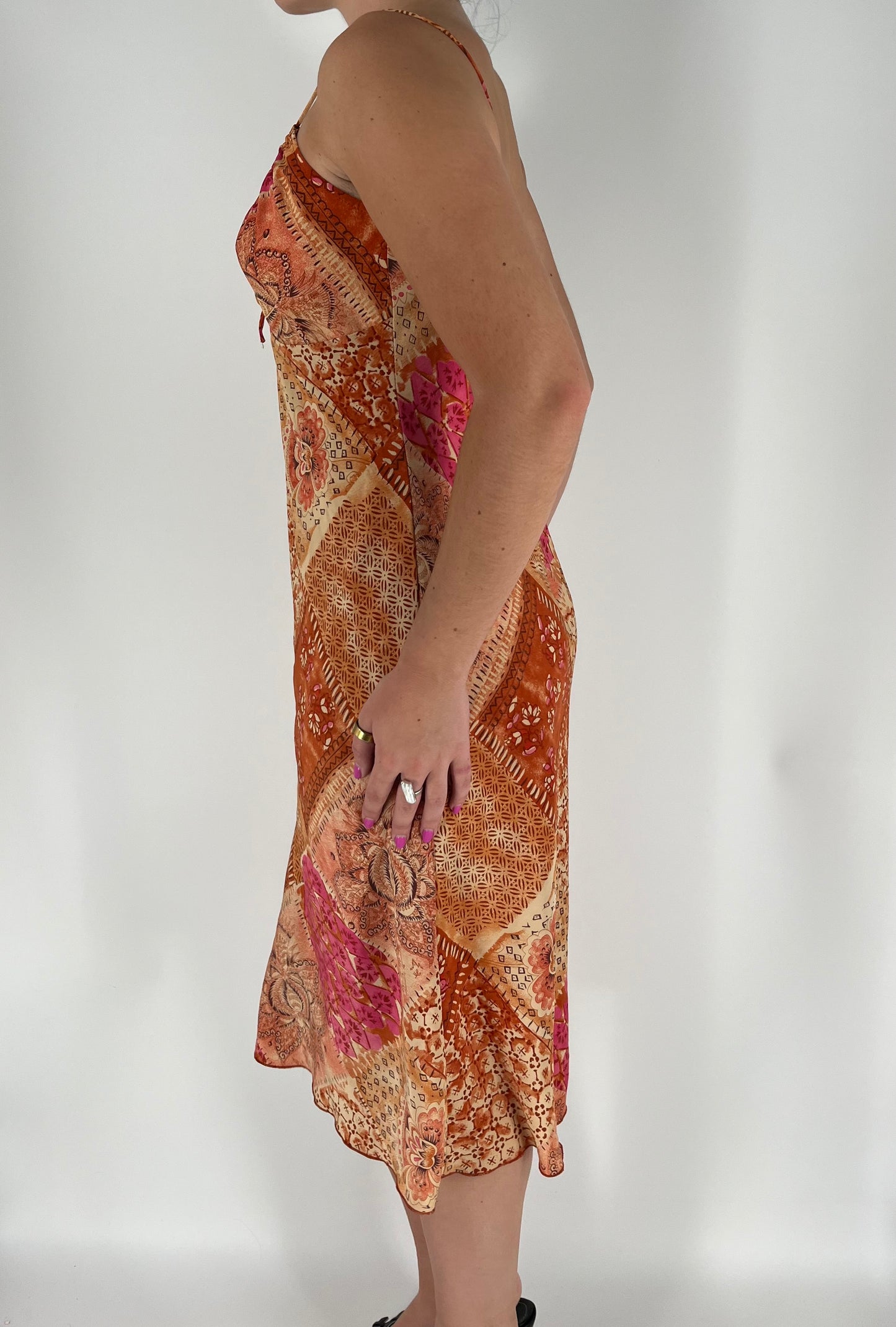 Patchwork Paisley Floral Midi Dress Burnt Autumn Color Scheme