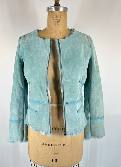 Genuine Leather and Rabbit Fur Jacket With Raw Hem Collar