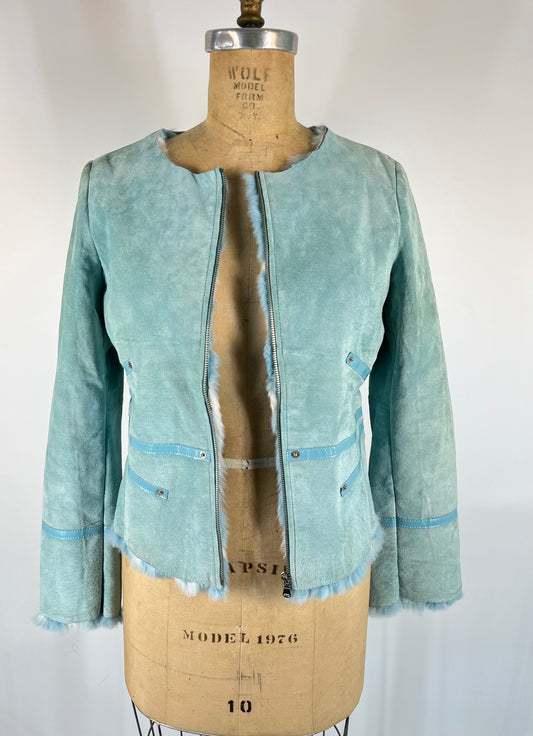 Genuine Leather and Rabbit Fur Jacket With Raw Hem Collar