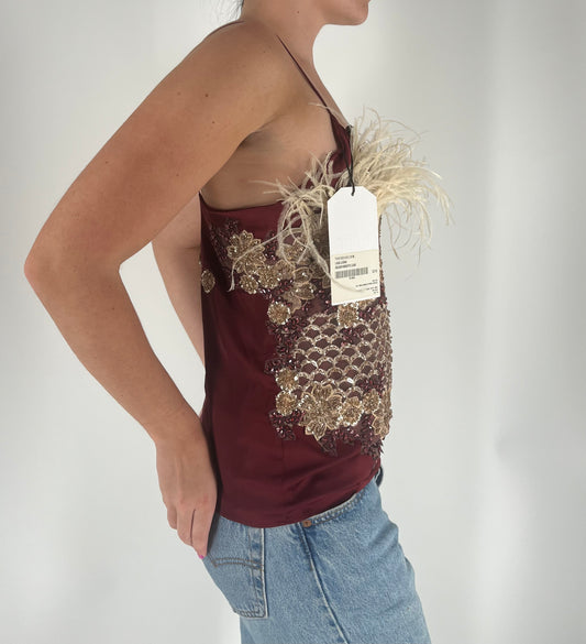 100% Silk Handmade Tank With Feathers and Beaded Appliqués