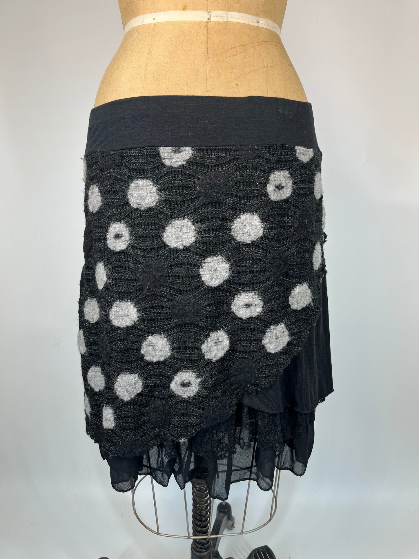 Knit Midi Skirt With Polka Dots And Lace Ruffle Underskirt