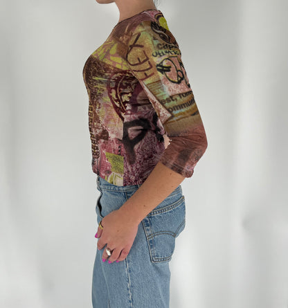 Made in France Mesh 3/4 Sleeve Graphic Top