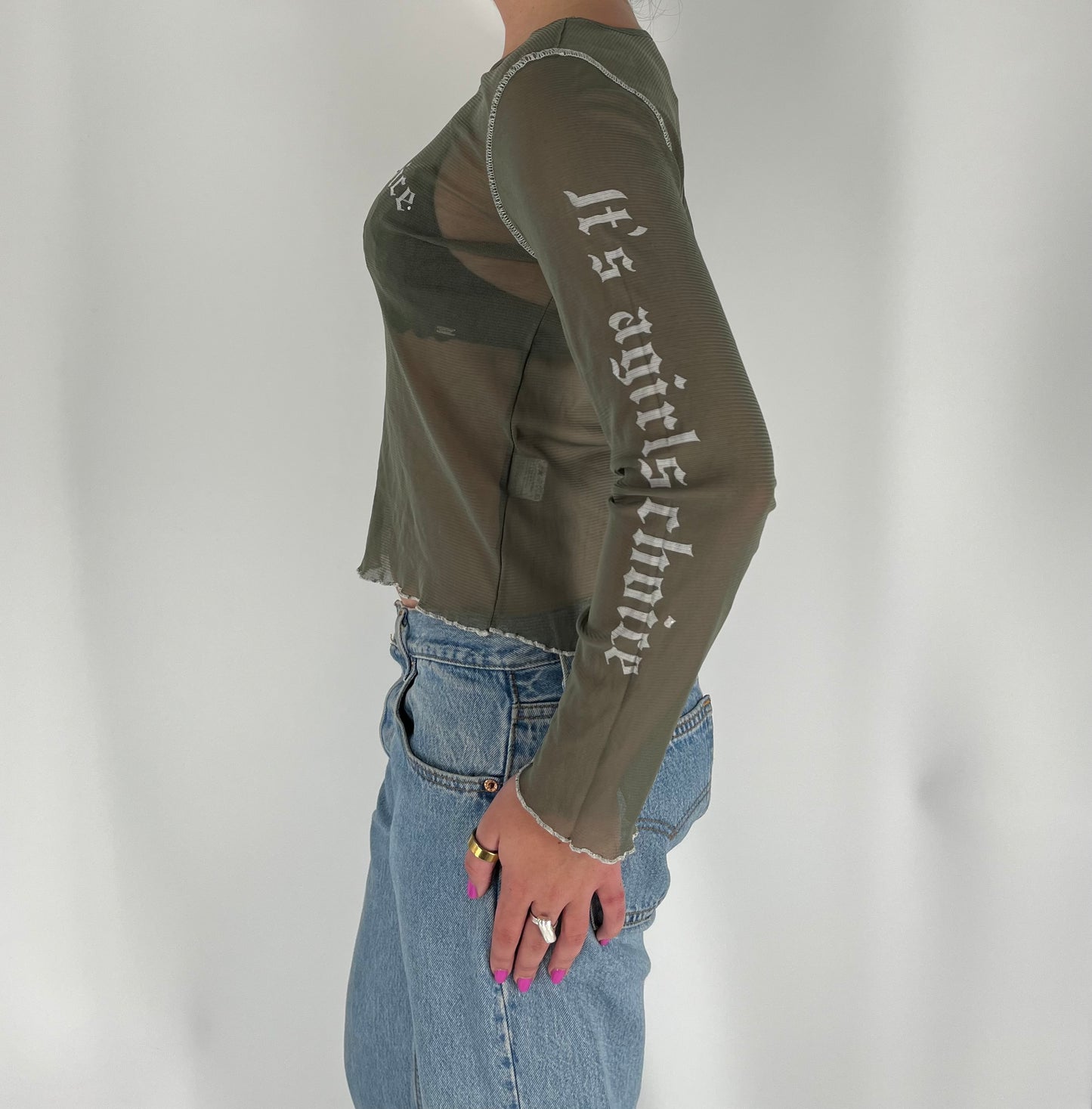 Mesh “It’s A Girl’s Choice” Long Sleeve Top With White Stitching