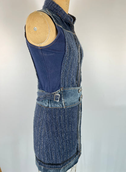 Denim Tweed Mini Dress With Irregular Buttons