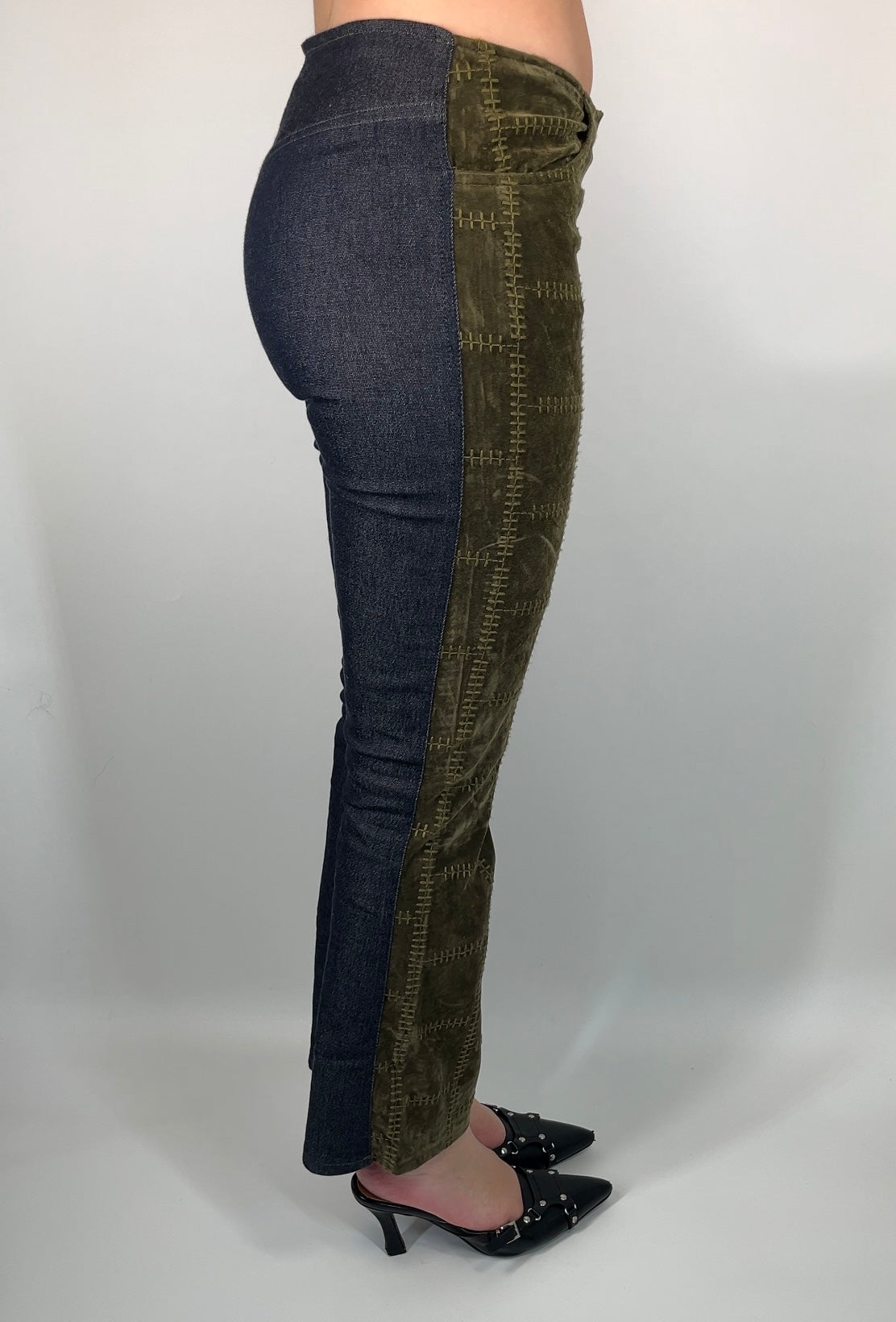 Two Tone Pants With Velvet Embossed and Denim Fabric