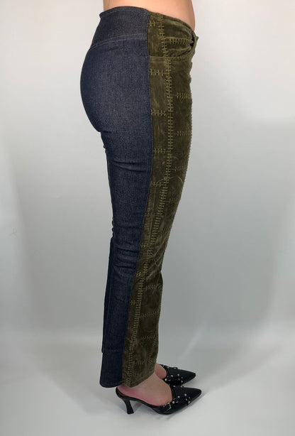 Two Tone Pants With Velvet Embossed and Denim Fabric