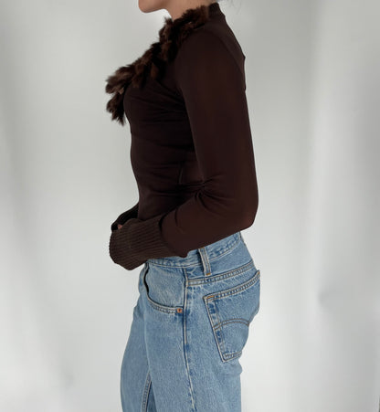 Made in France Long Sleeve Top With Feather Neckline and Sweater Material on Wrists