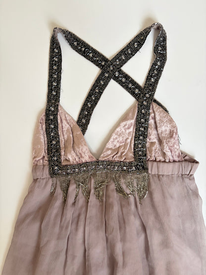 Silk and Velvet Dress with Beaded Chain Straps