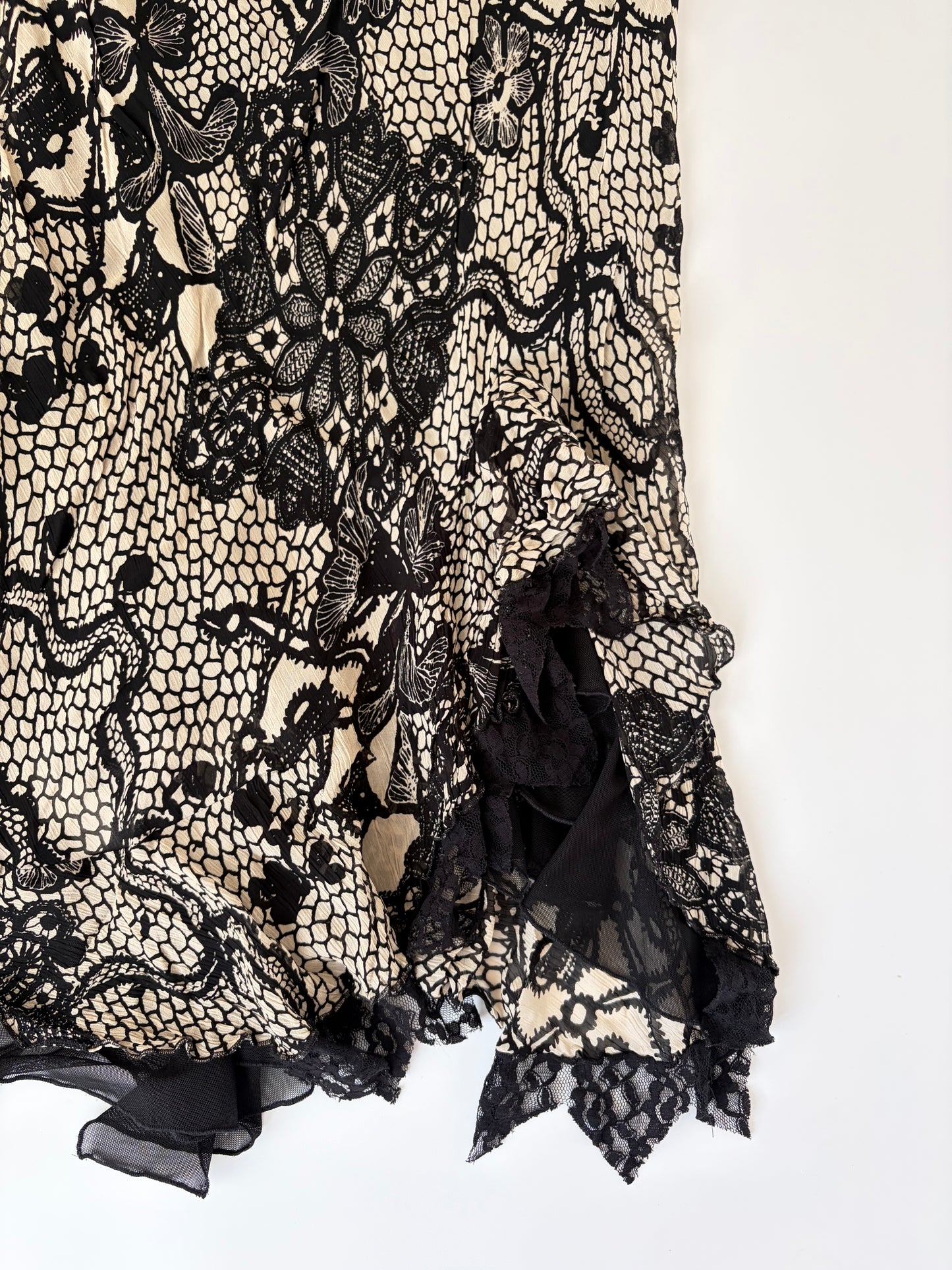 Euro Lace Print Skirt with Asymmetric Ruffles