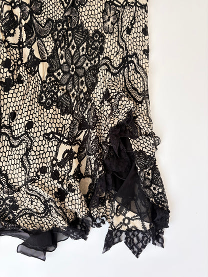 Euro Lace Print Skirt with Asymmetric Ruffles