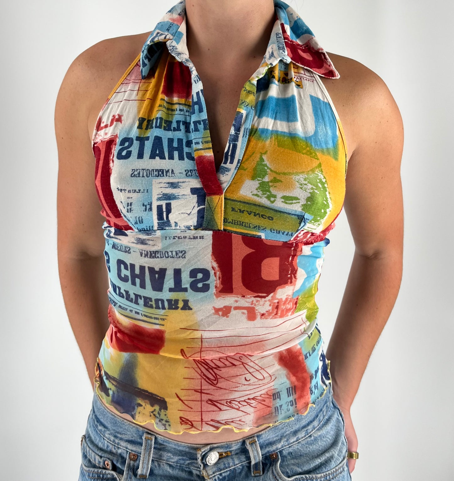 Retro Print Collared Tank With Micro Mesh and Lettuce Hem