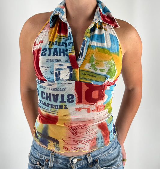 Retro Print Collared Tank With Micro Mesh and Lettuce Hem