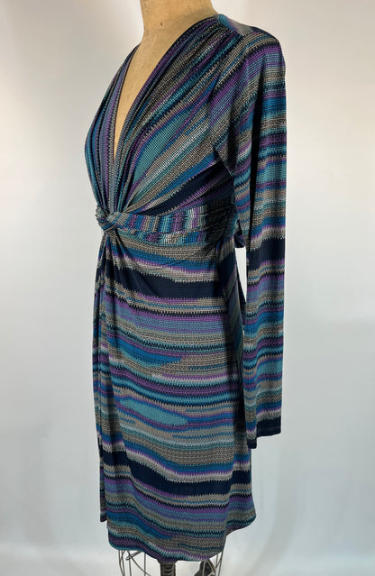 Abstract Striped Print Midi Dress With Long Sleeves and Wrap Waist