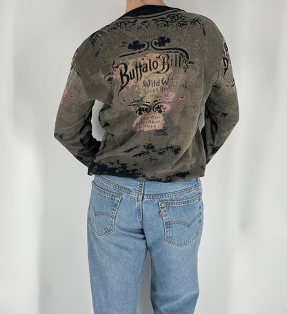 Wild West Vintage Long Sleeve With Distressed Look, Studs and Unique Graphic Print