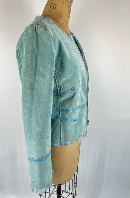 Genuine Leather and Rabbit Fur Jacket With Raw Hem Collar