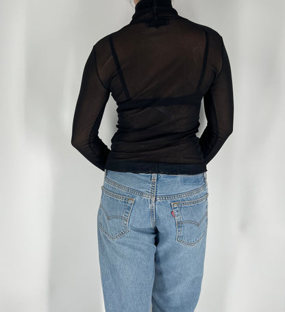 Made in France Mesh Long Sleeve Turtle Neck Top With “Only One World” Graphic