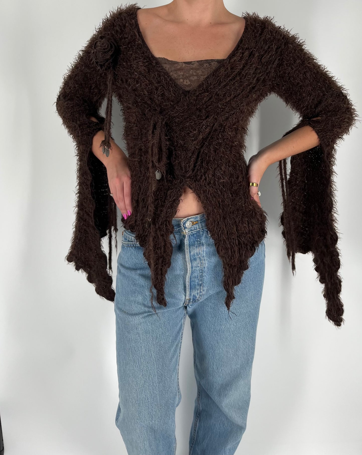 Made in France Rare Zone Bleue Sweater With Rosette, Flare Sleeves, Coin Accents and Illusion Lace Cami Underneath