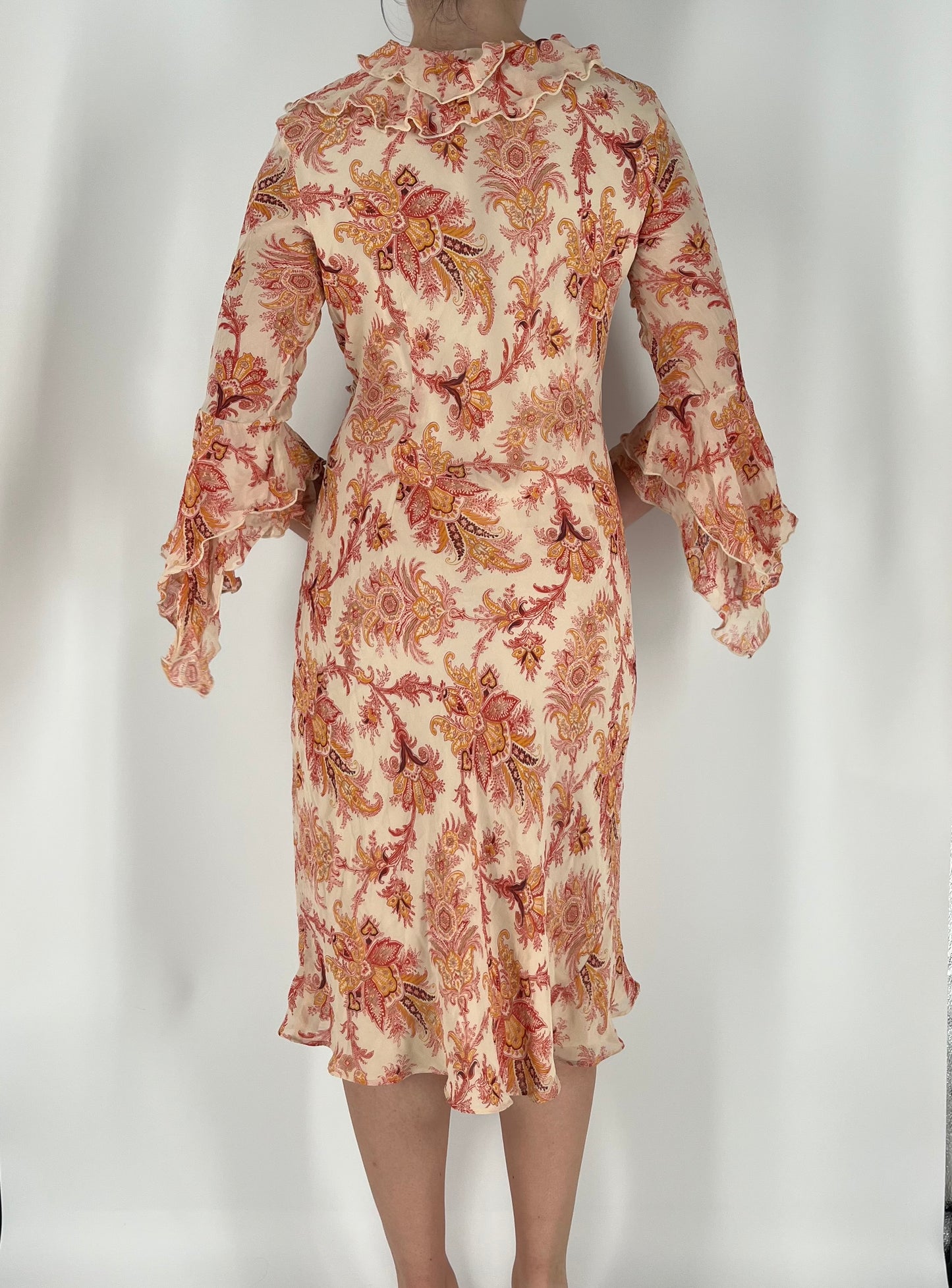 Bell Sleeve Ruffle Midi Dress With Floral Paisley Print