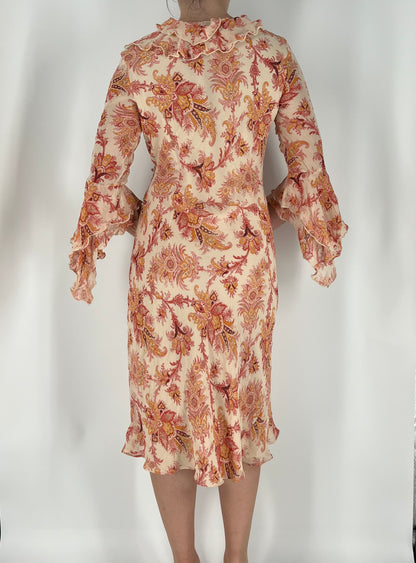 Bell Sleeve Ruffle Midi Dress With Floral Paisley Print