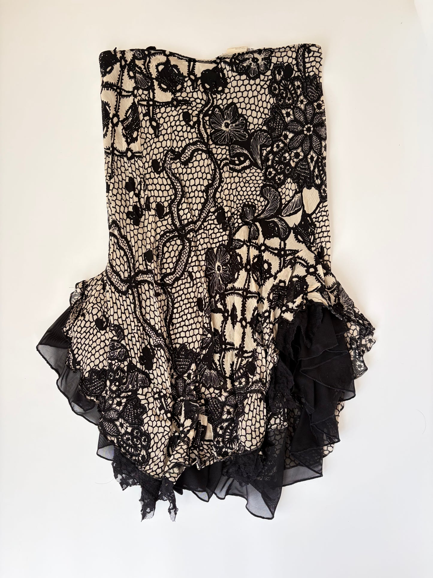 Euro Lace Print Skirt with Asymmetric Ruffles