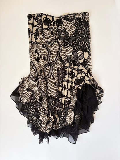 Euro Lace Print Skirt with Asymmetric Ruffles