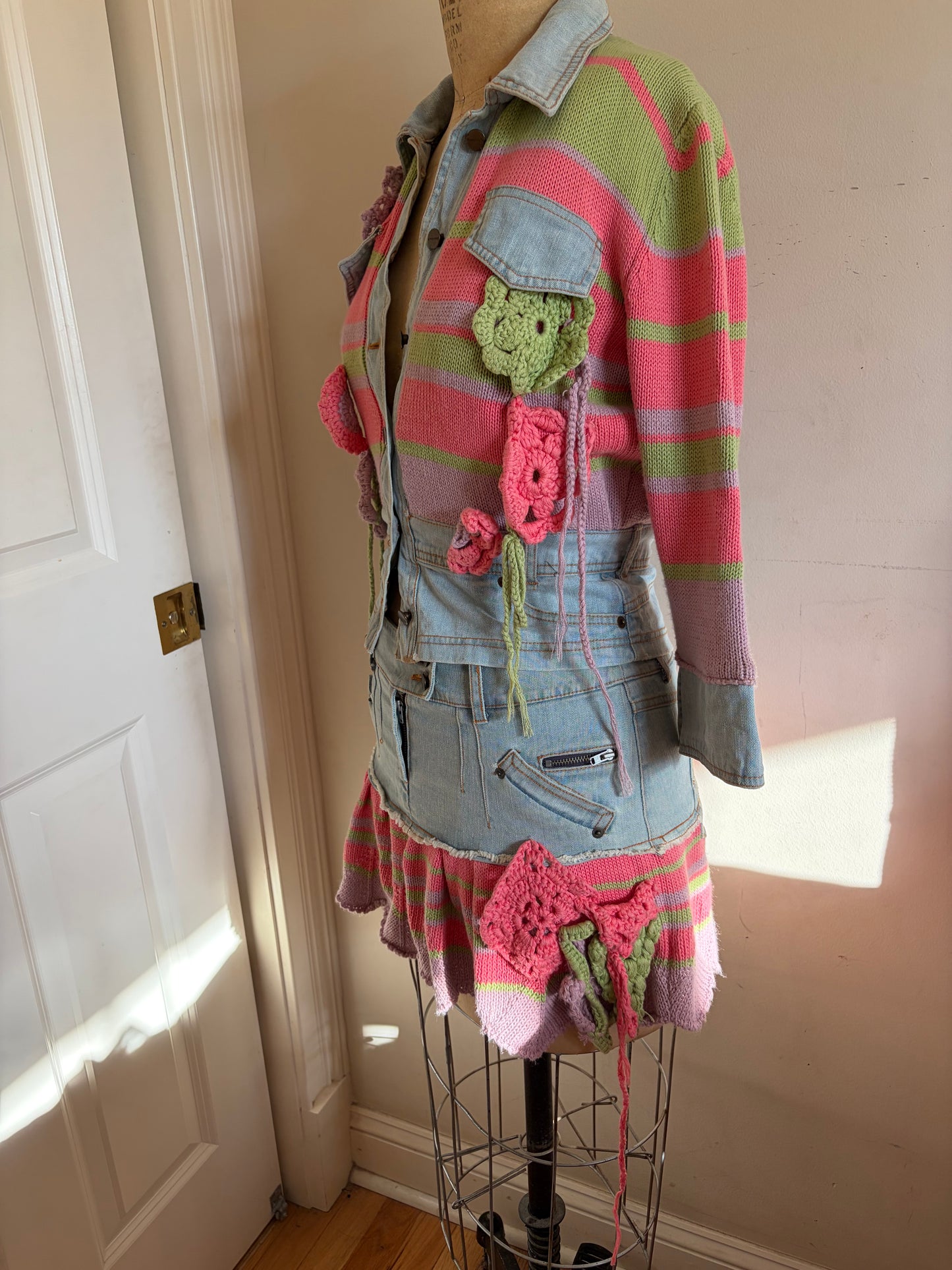 Made in Italy Denim Crochet Mini Skirt and Jacket Set