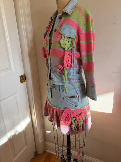Made in Italy Denim Crochet Mini Skirt and Jacket Set