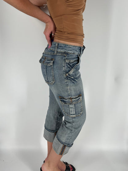 Y2K Mixed Wash Denim Cargo Capri Pants Cuffed at the Hem
