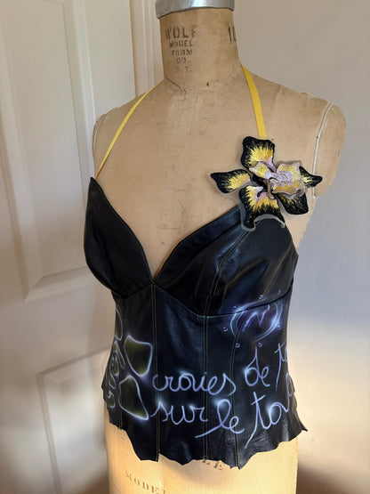Euro Leather Corset with Graffiti and Flower Appliqué