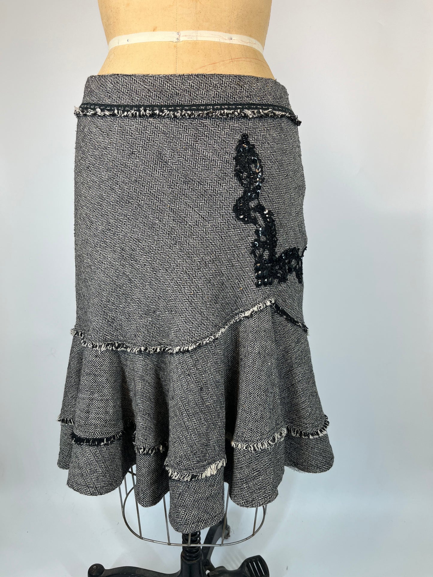 Wool Skirt With Tiered Ruffles and Lace Accents