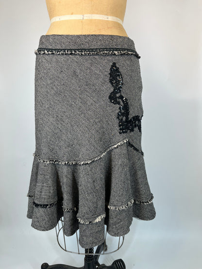 Wool Skirt With Tiered Ruffles and Lace Accents