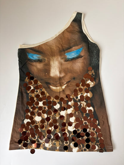 Euro Sequin Portrait One Shoulder Tank