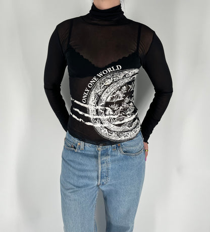 Made in France Mesh Long Sleeve Turtle Neck Top With “Only One World” Graphic