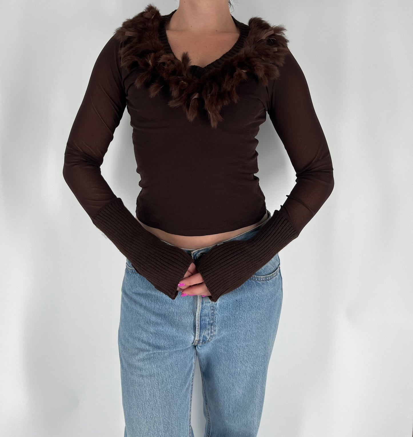 Made in France Long Sleeve Top With Feather Neckline and Sweater Material on Wrists