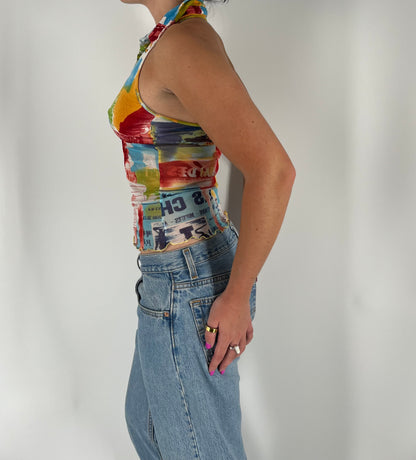 Retro Print Collared Tank With Micro Mesh and Lettuce Hem