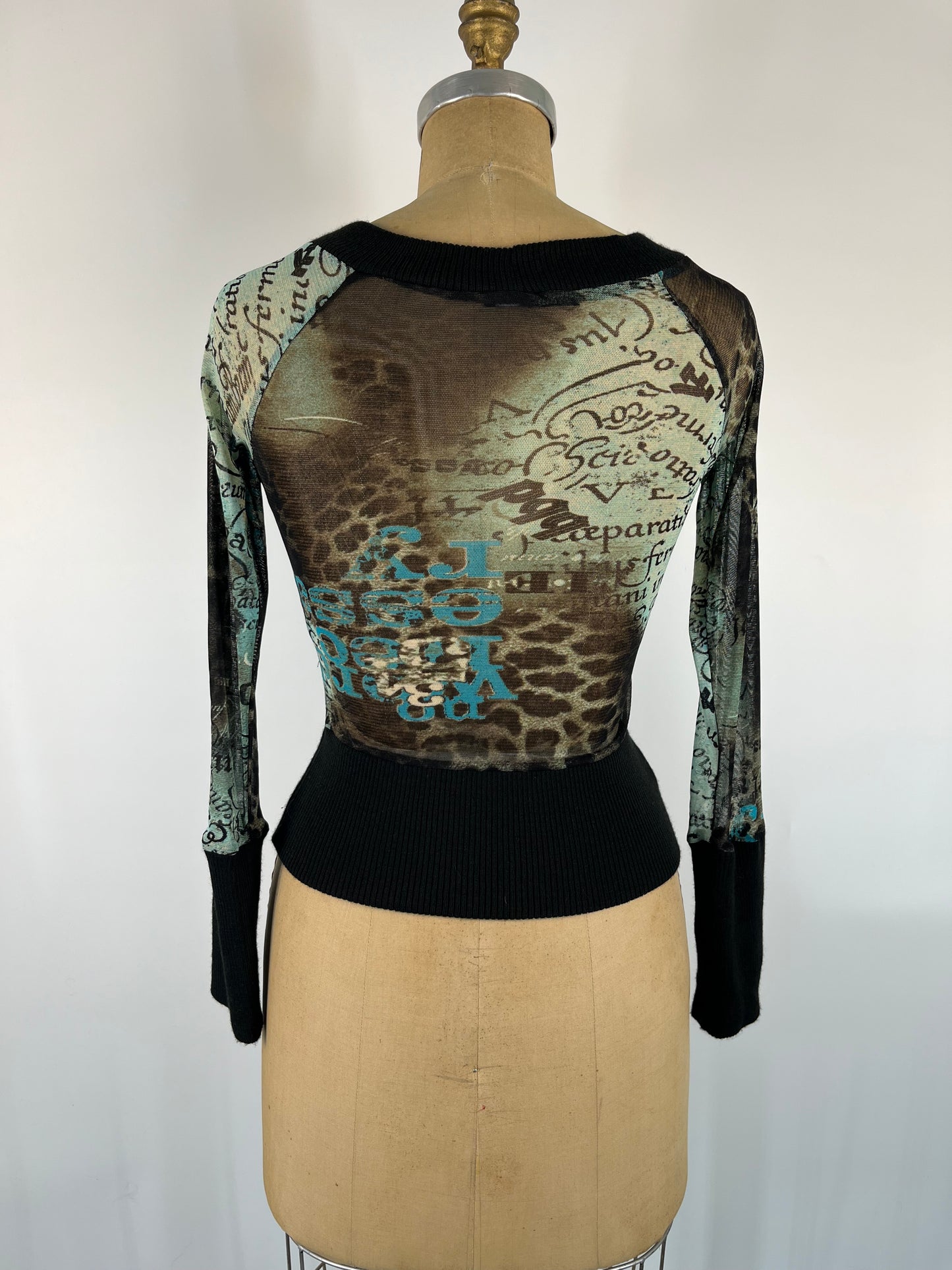Euro-Style Mesh Printed Top With Knit Accents